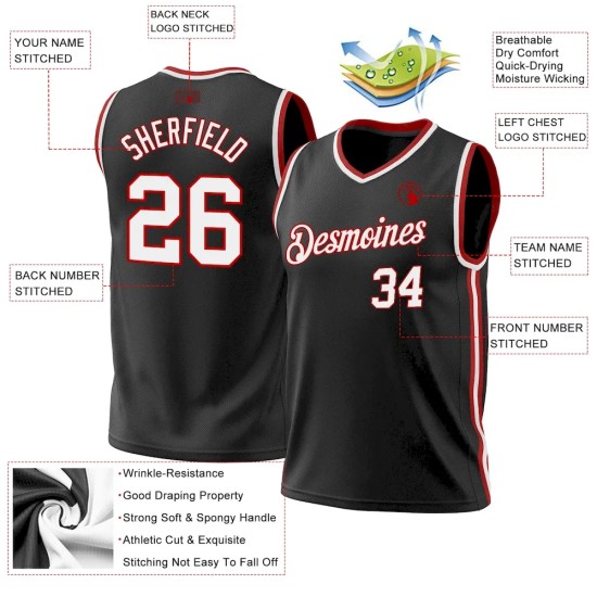 Custom Black White-Red Authentic Throwback Basketball Jersey