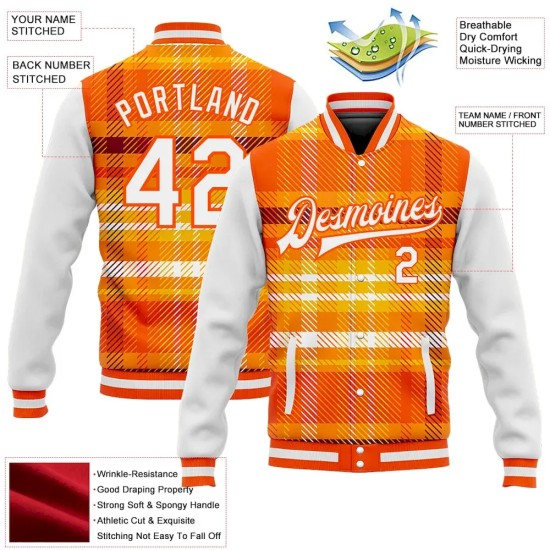 Custom Orange White Check Board 3D Pattern Design Bomber Full-Snap Varsity Letterman Jacket